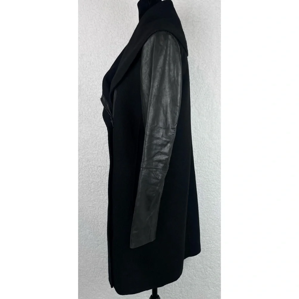 VINCE • Black Leather-Sleeve Shawl Collar Wool Trench Coat, XS - Picture 4 of 15